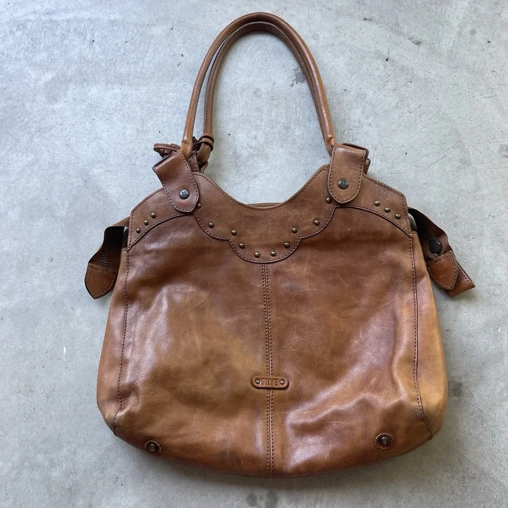 Vintage‎ Frye Brown Genuine Leather Studded Shoulder Bag Western Hobo Purse